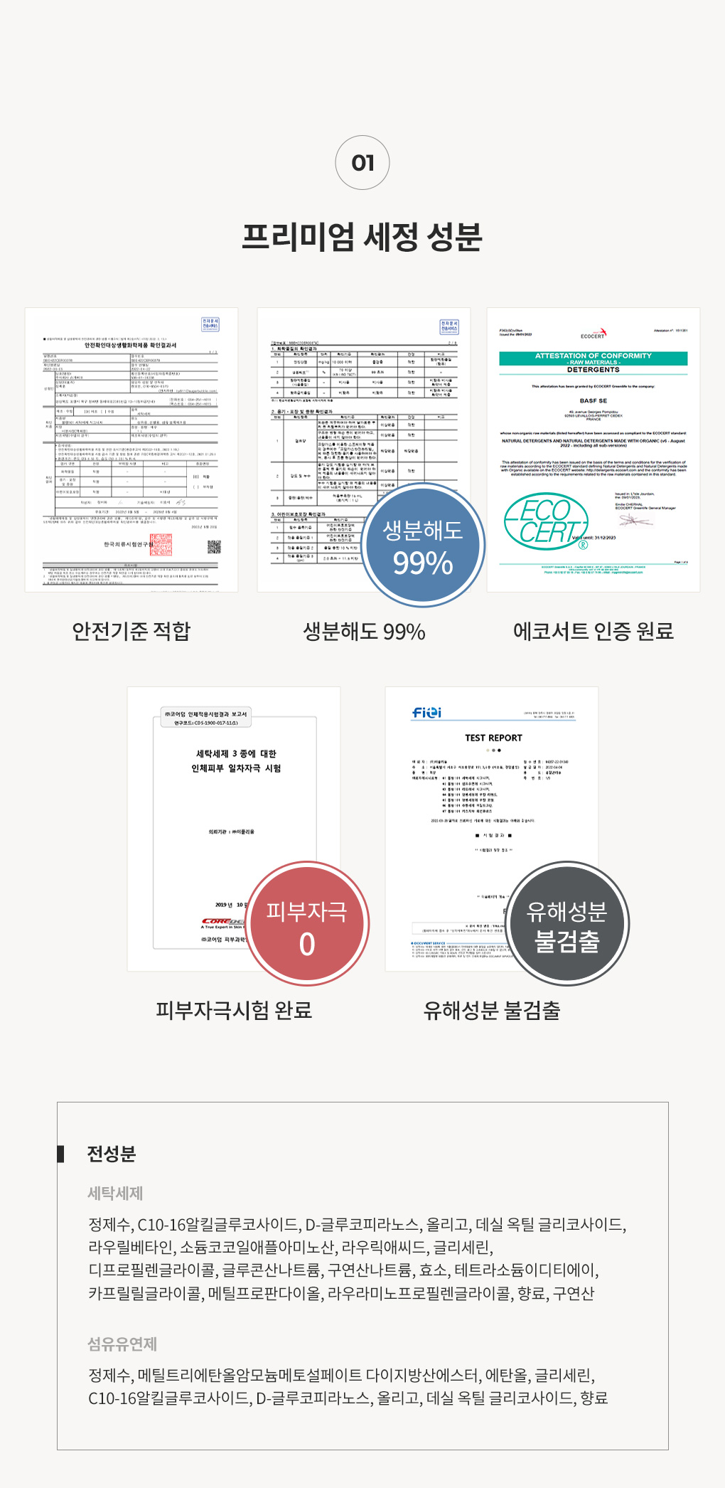 블랑101 26년 1st 리미티드 에디션 전성분과 피부자극시험 유해성분불검출 생분해도99% 에코서트인증원료 안전기준적합 성적서