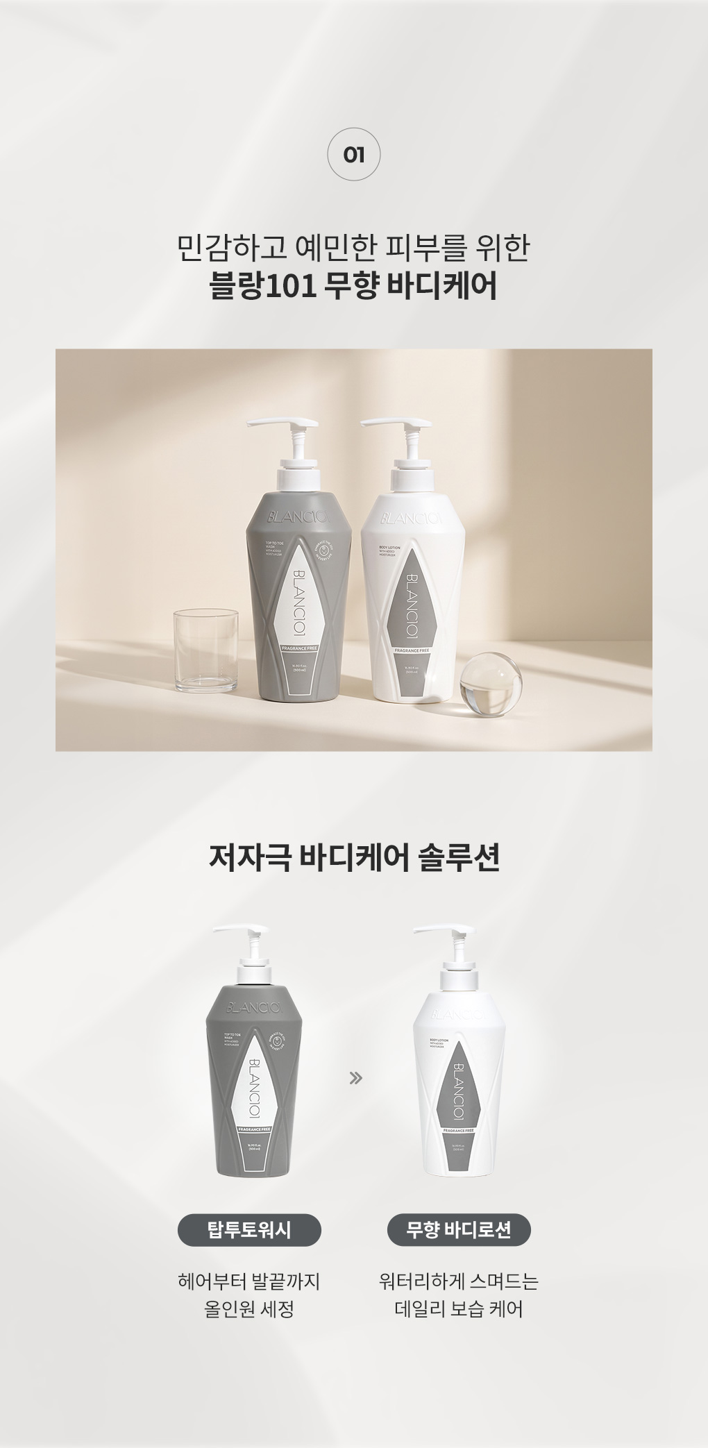 블랑101 탑투토워시와 무향 바디로션 특징과 제품 이미지