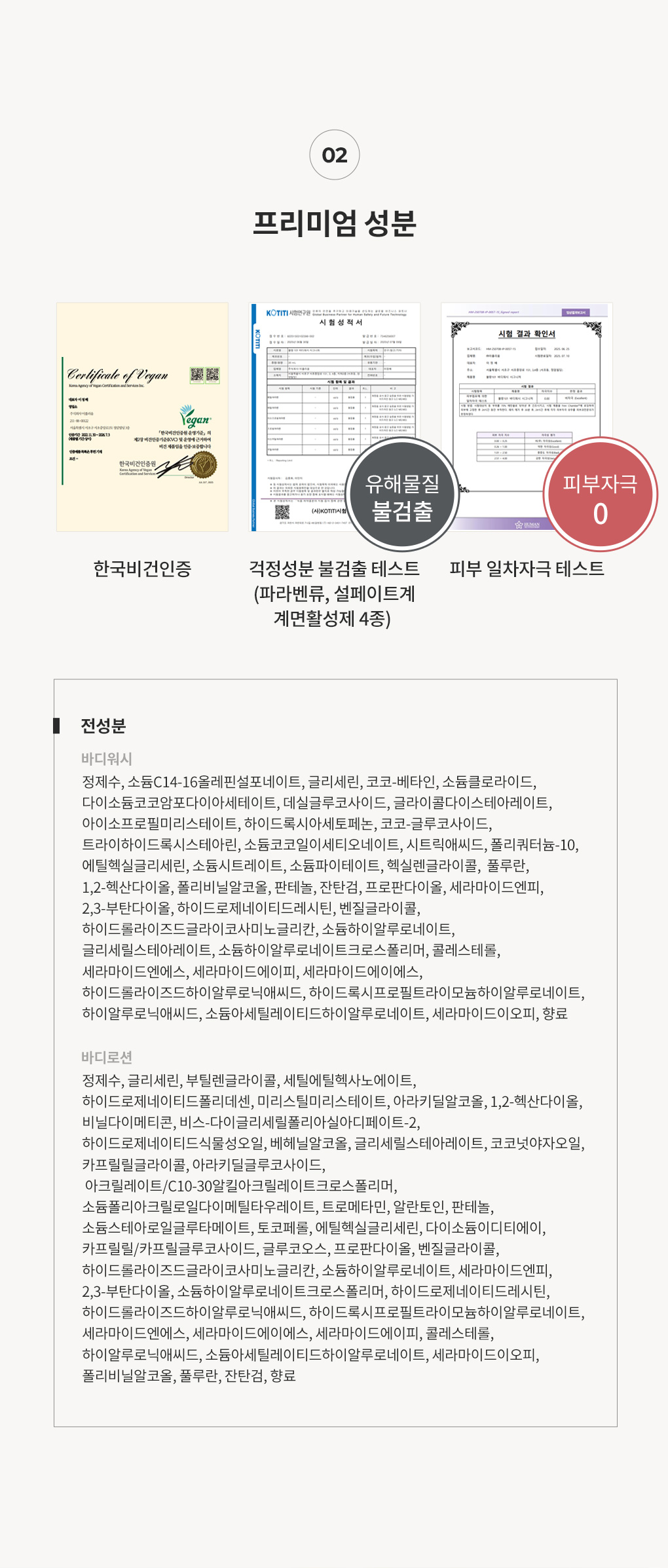 블랑101 버다유ㅗ사 바디로션 전성분과 걱정성분불검출 피부자극테스트 인증서