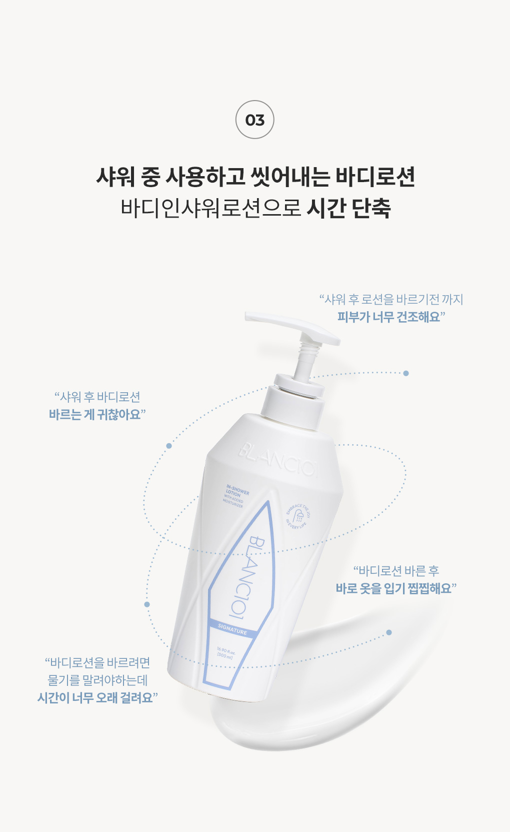 바디로션 사용의 번거로움과 바디로션 사용 후 옷 입기 찜찜함을 해결하는 바디인샤워로션 소개