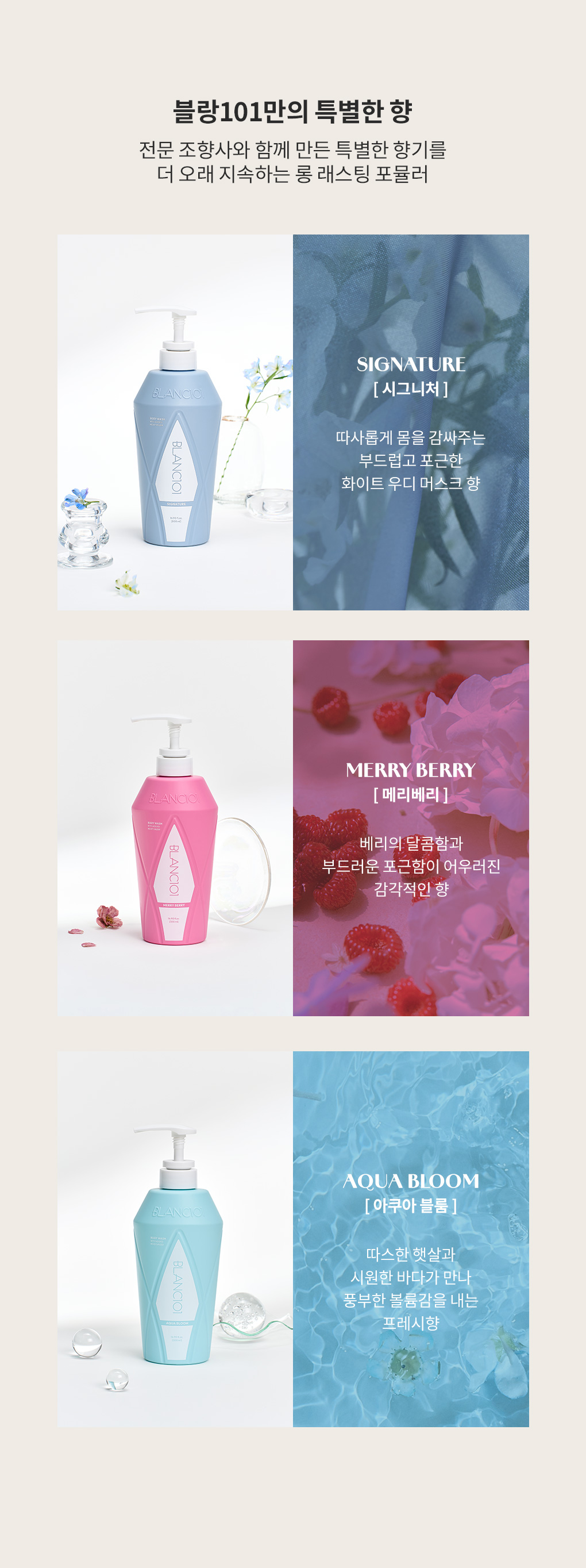 전문 조향사와 만든 블랑101 바디워시 향 종류(시그니처·메리베리·아쿠아블룸)와 설명
