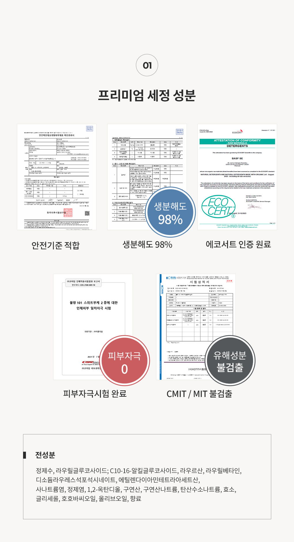 블랑101 컬렉션라인 세탁세제 전성분과 안전기준적합 및 피부자극시험 인증서