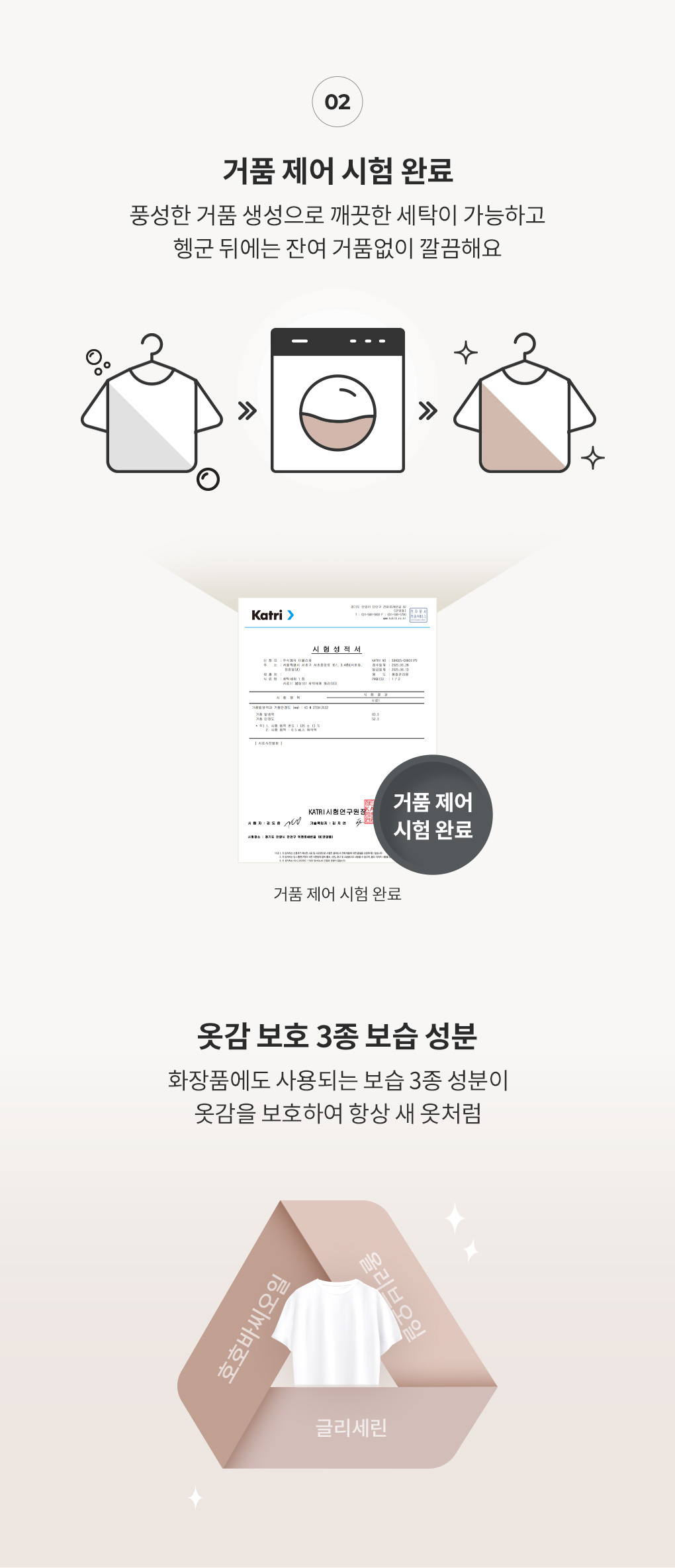 블랑101 세탁세제 거품 제어 시험 완료 옷감 보호 3종 보습 성분
