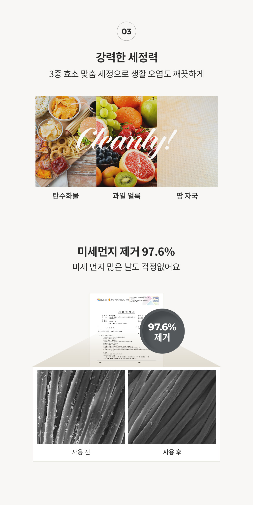 블랑101 세탁세제 1.6L의 강력한 세정력과 미세먼지 제거 효과 설명