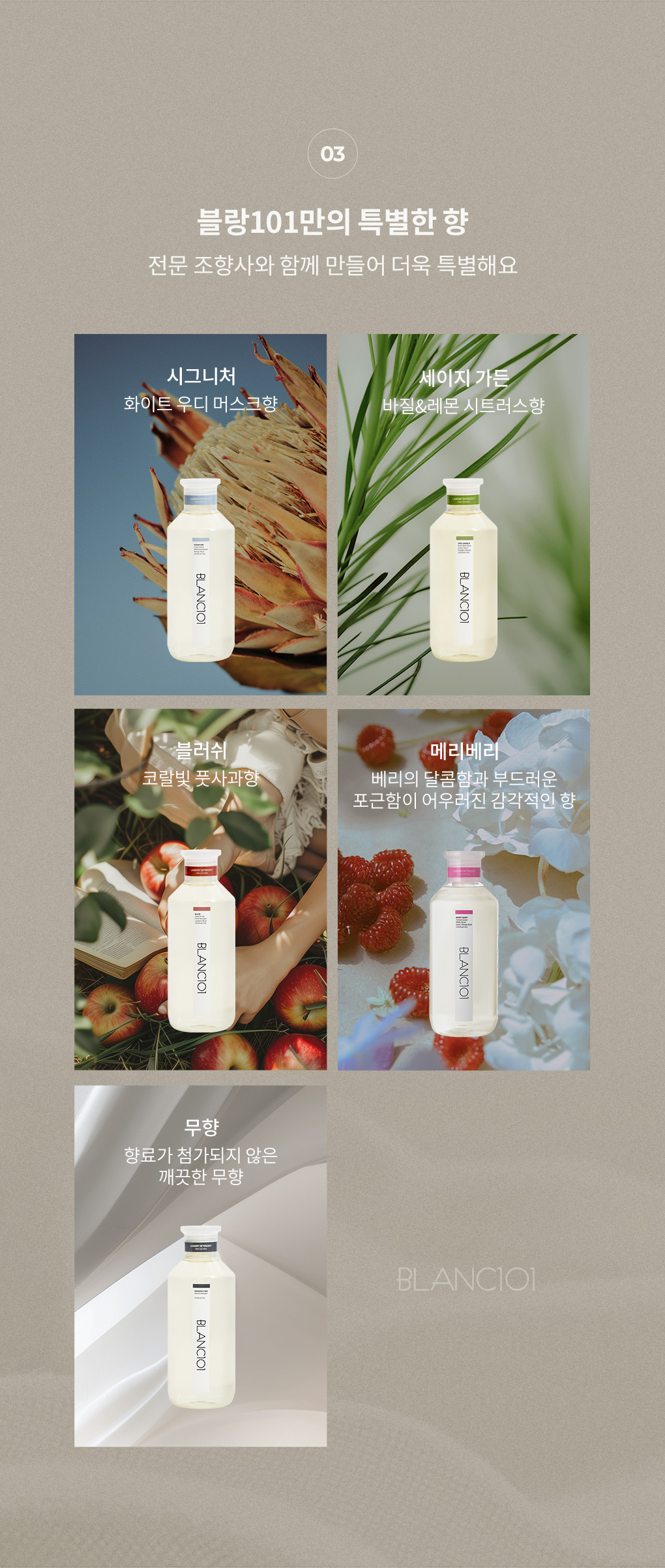 블랑101 클래식라인 세탁세제는 시그니처 세이지가든 블러쉬 메리베리 무향 총5개의 향기 소개