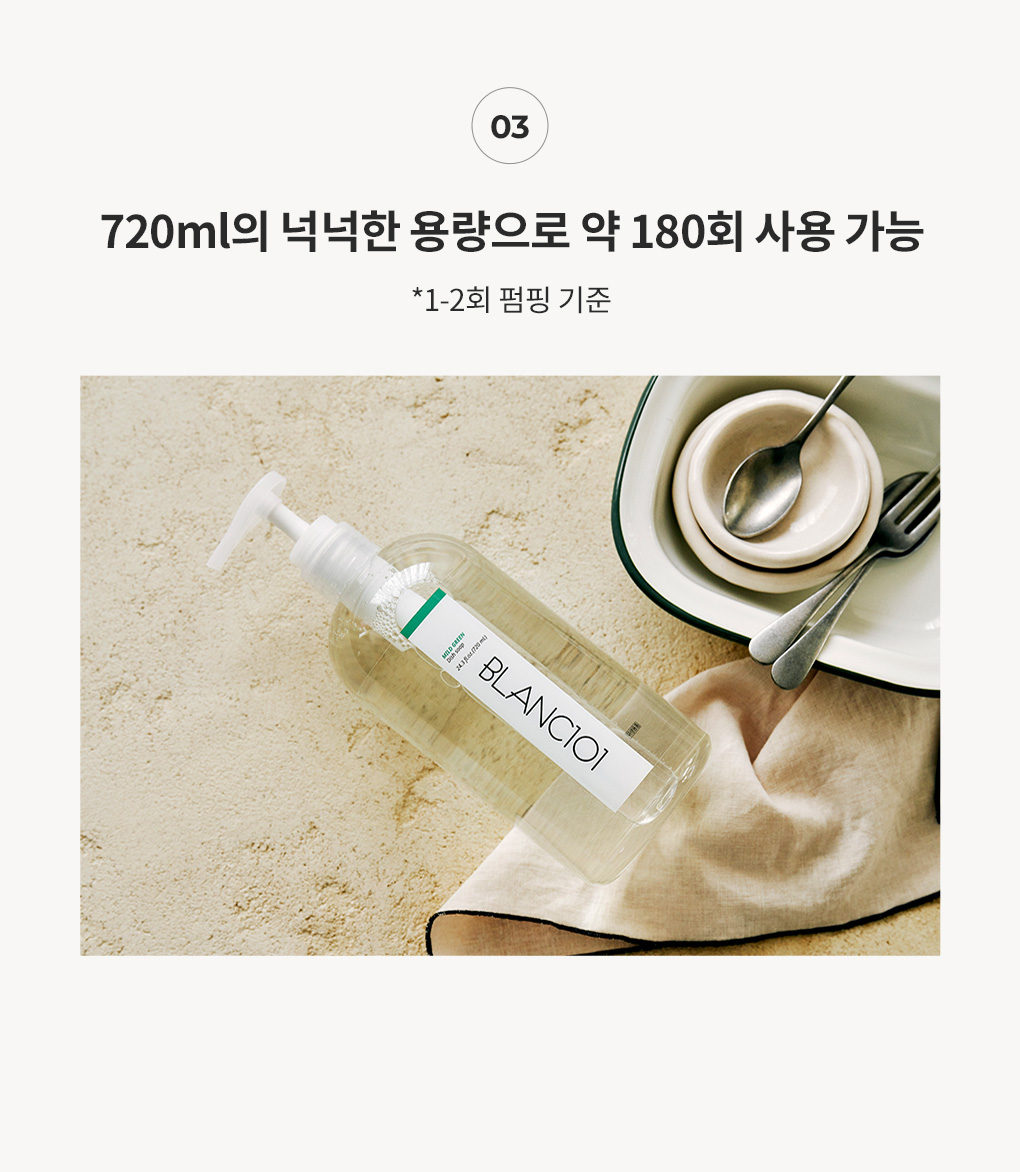 720ml 넉넉한 용량으로 약 180회 사용 가능한 블랑101 주방세제 사용량 안내