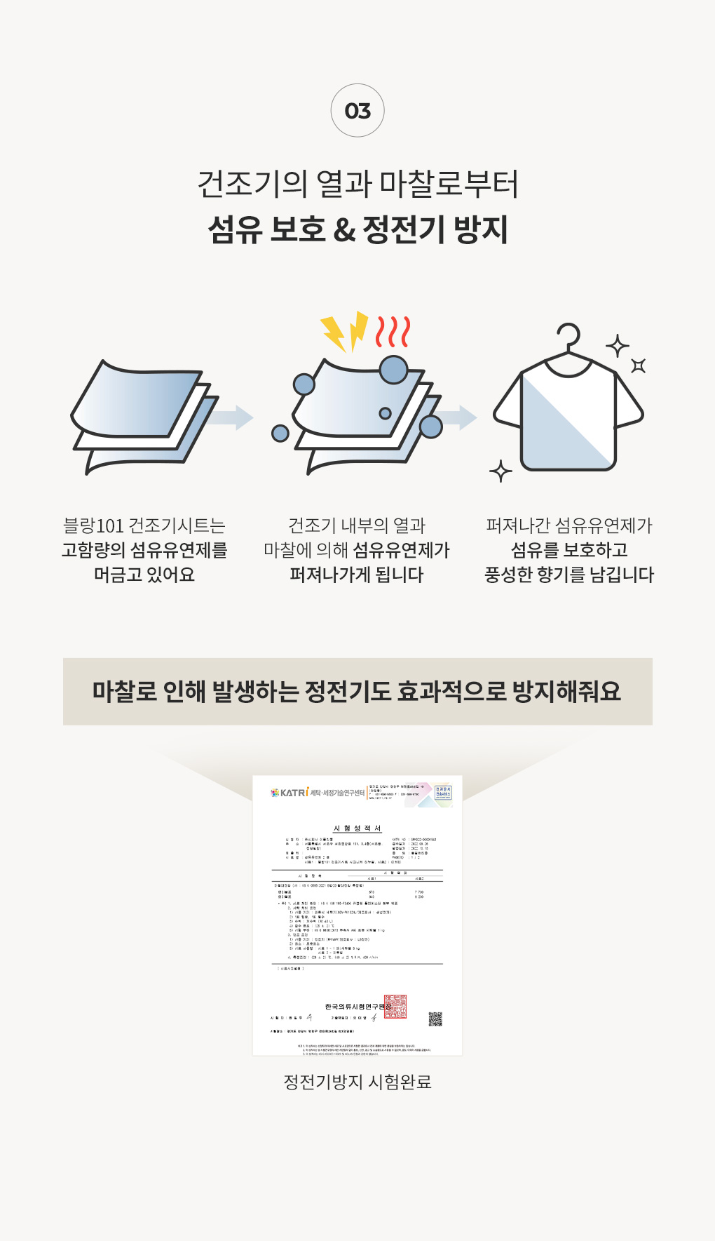 건조기 열과 마찰로부터 섬유 보호 및 정전기 방지 성적서