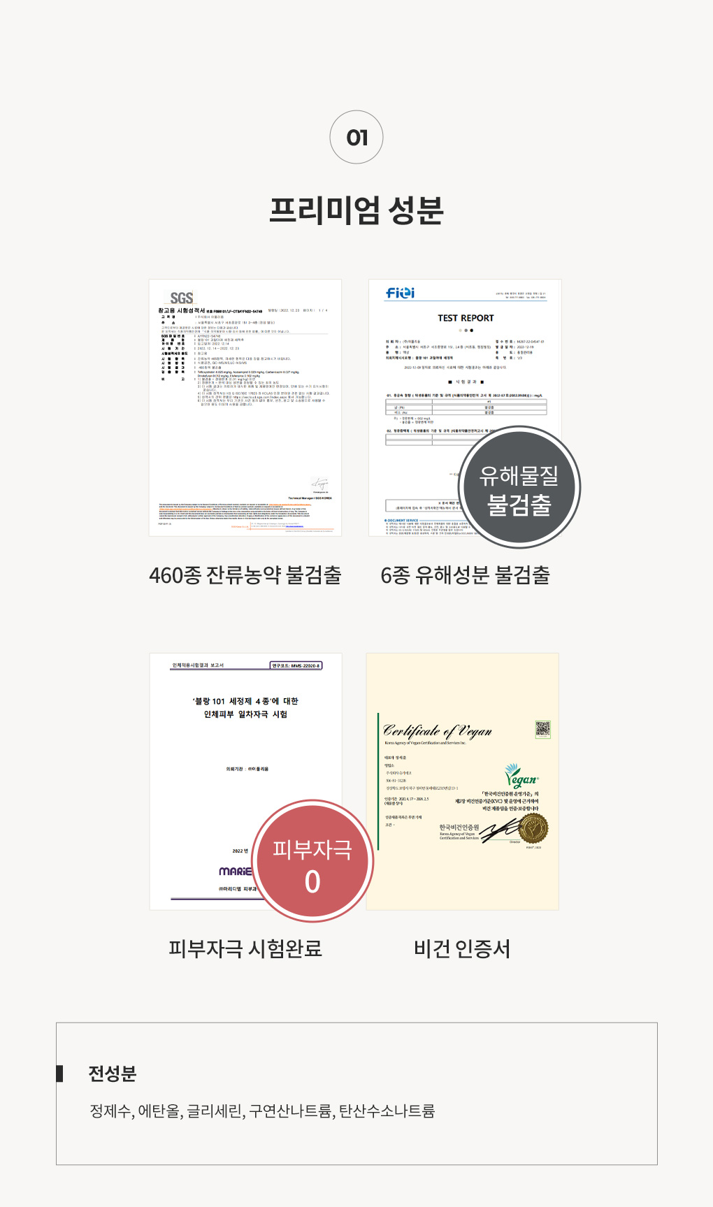 블랑101 과일야채 세정제 스프레이 전성분과 6종 유해성분 불검출 및 피부자극시험 인증서
