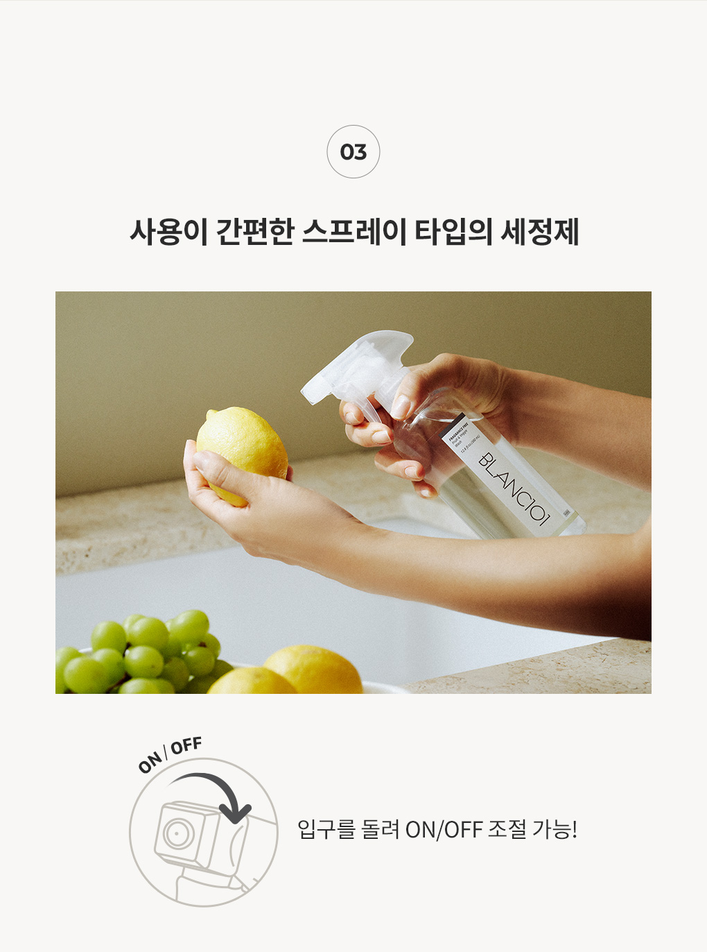 사용이 간편한 스프레이 타입의 블랑101 과일야채 세정제