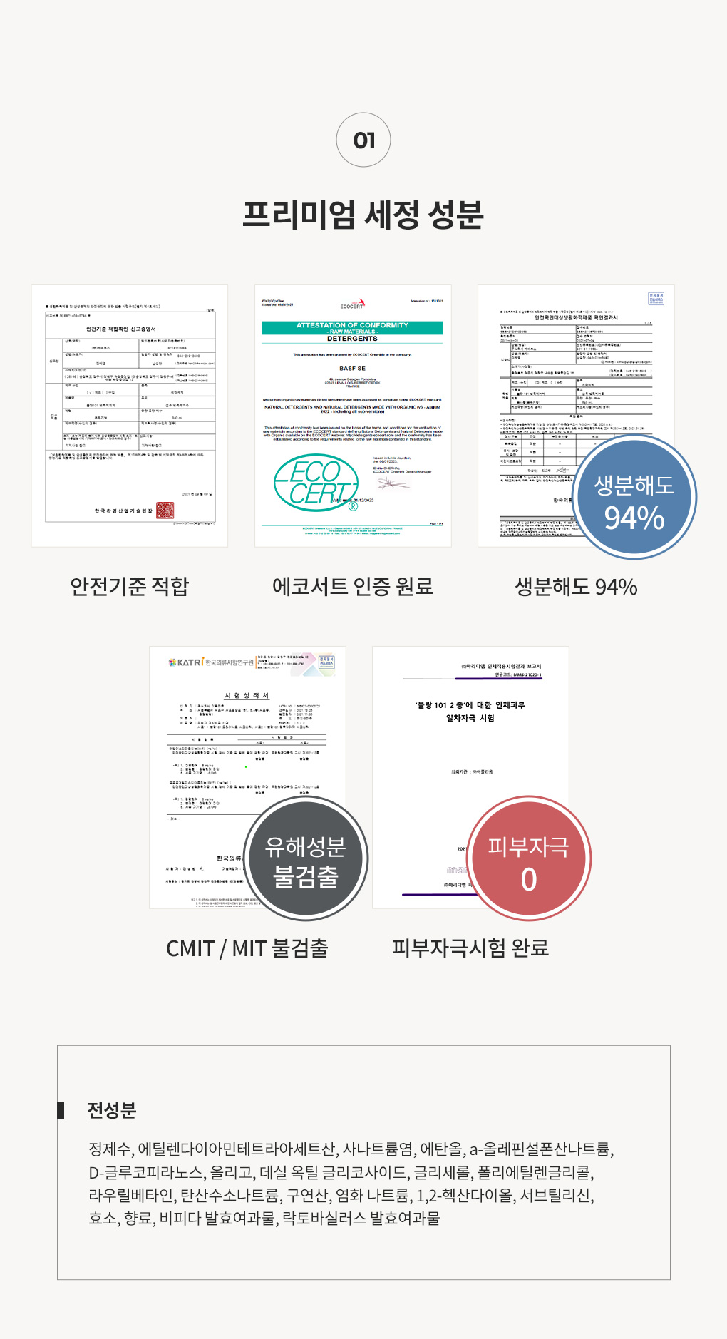 블랑101 얼룩제거제 전성분과 안전기준적합 및 피부자극시험 인증서