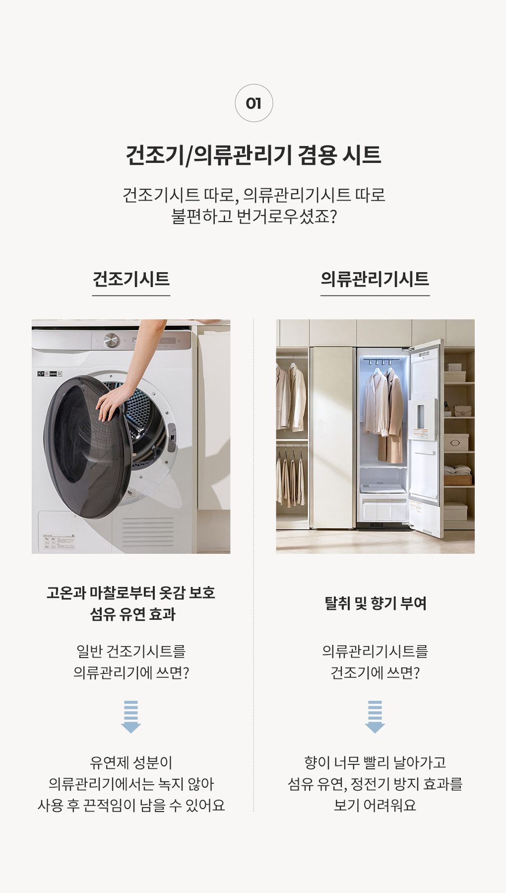 건조기·의류관리기 시트를 따로 사용하는 불편함과 번거로움에 대한 설명