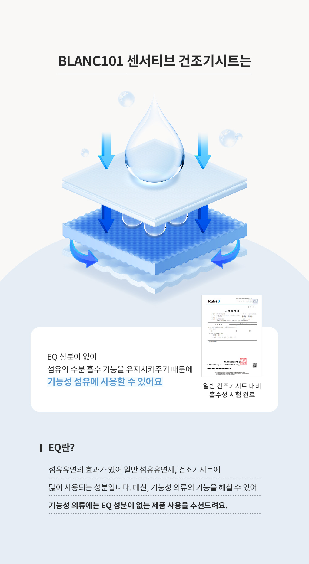 EQ 성분이 없어 기능성 섬유의 수분 흡수성을 유지하는 블랑101 센서티브 건조기시트