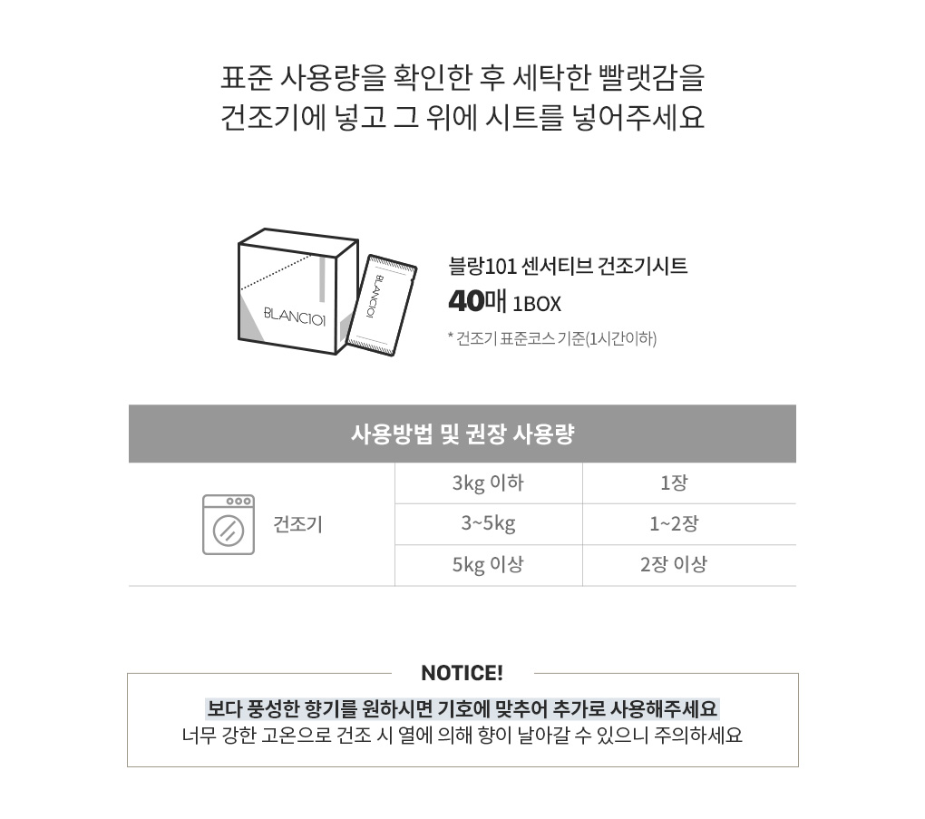 블랑101 센서티브 건조기시트 건조기 사용 방법 및 권장 사용량 안내