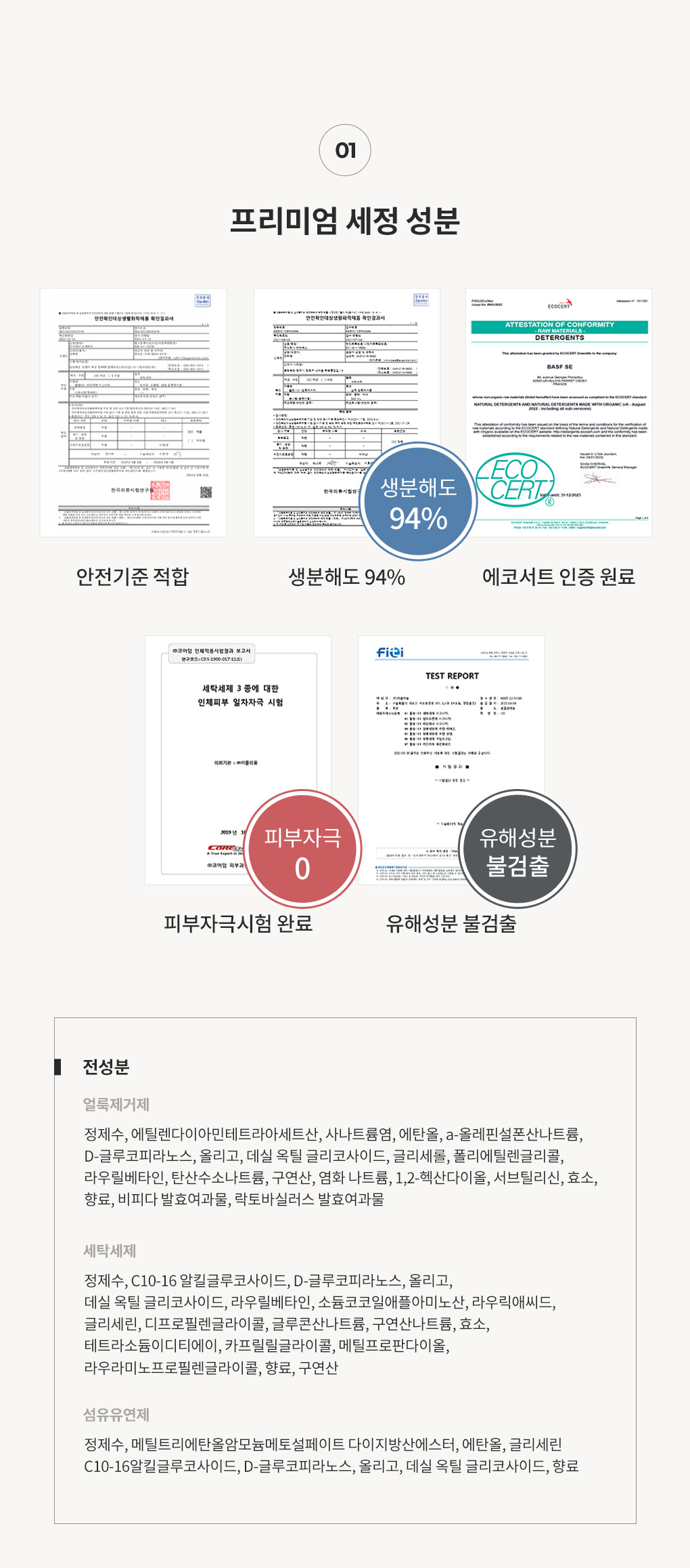 블랑101 얼룩제거 선물세트 3종 전성분과 생분해도 및 피부자극시험 인증서