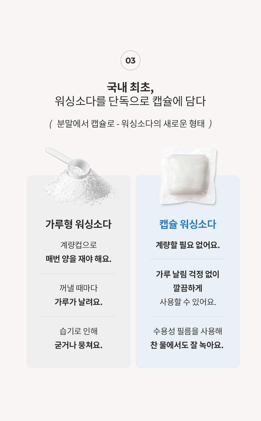 계량이나 가루 날림없이 사용하는 블랑101 캡슐 워싱소다와 일반 가루형 워싱소다와의 차이점 비교